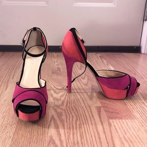 pink & orange colorblock suede heels